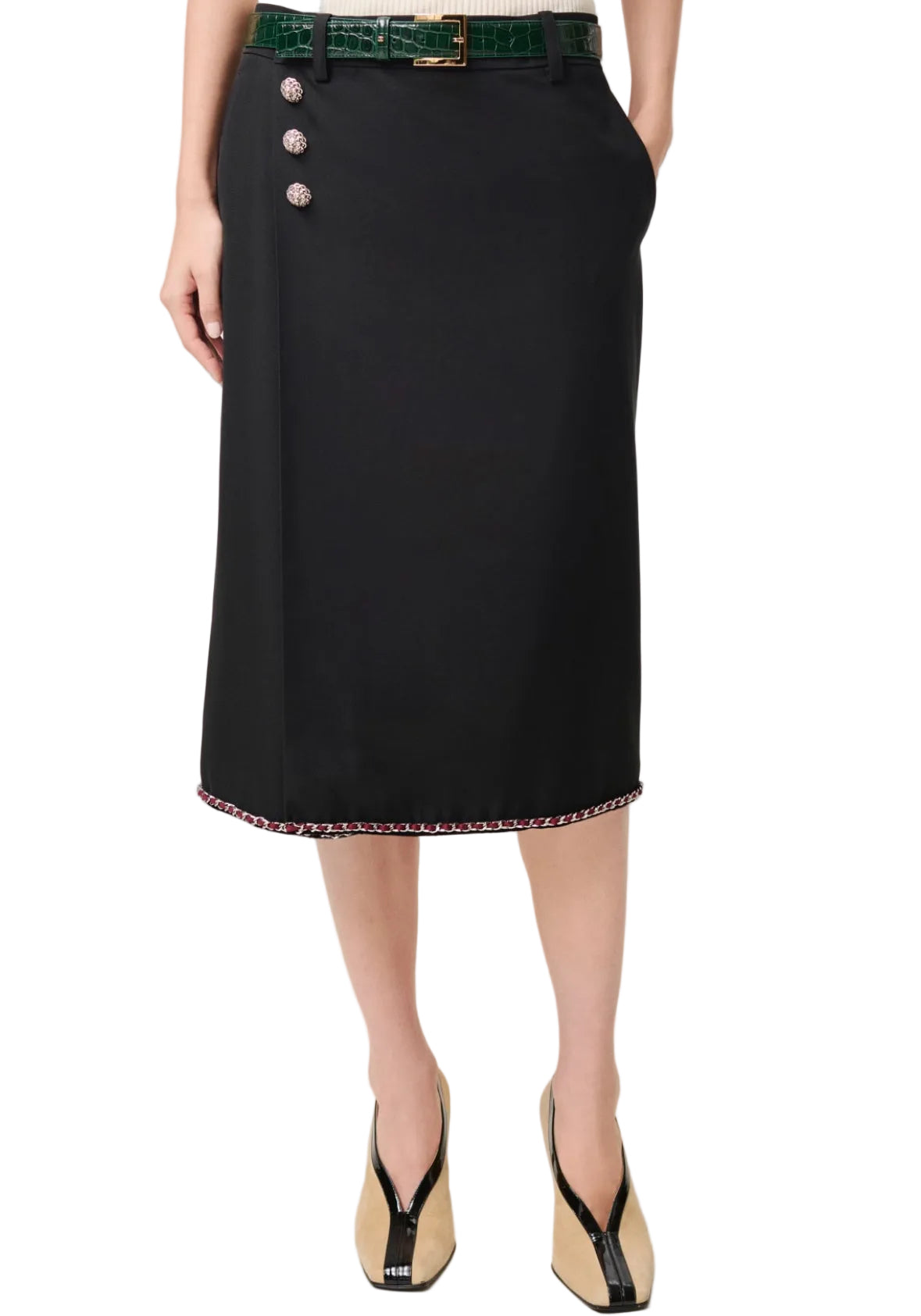 Black pencil skirt with decorative buttons and trim on a white background
