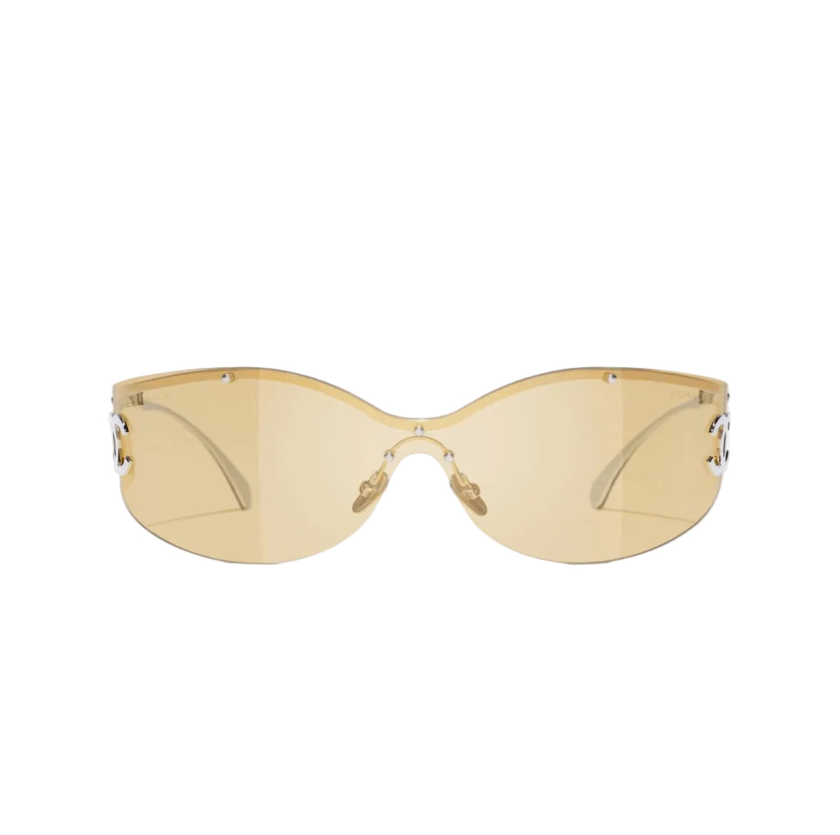 Gold-framed sunglasses with yellow-tinted lenses on a white background