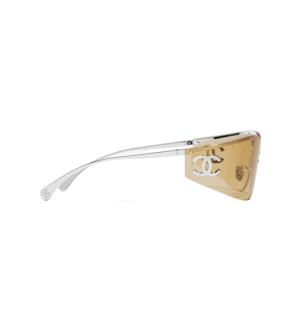 Sunglasses with gold frame and clear lens on a white background