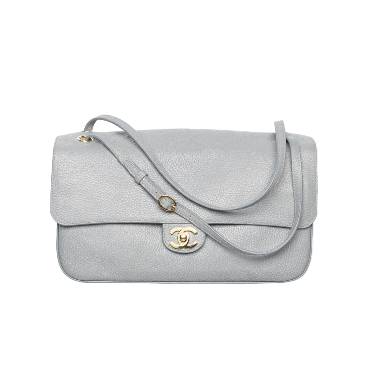 A light gray pebbled leather shoulder bag with a gold-tone interlocking CC logo clasp, photographed on a clean white background.