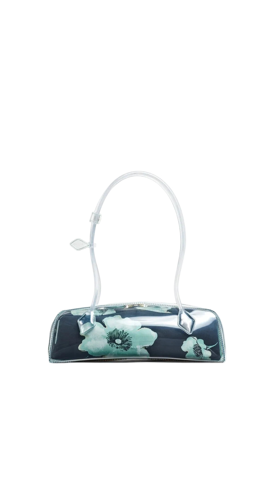 A small glossy handbag with a clear handle, featuring a dark navy blue base with a light blue and white floral pattern, set against a plain white background.