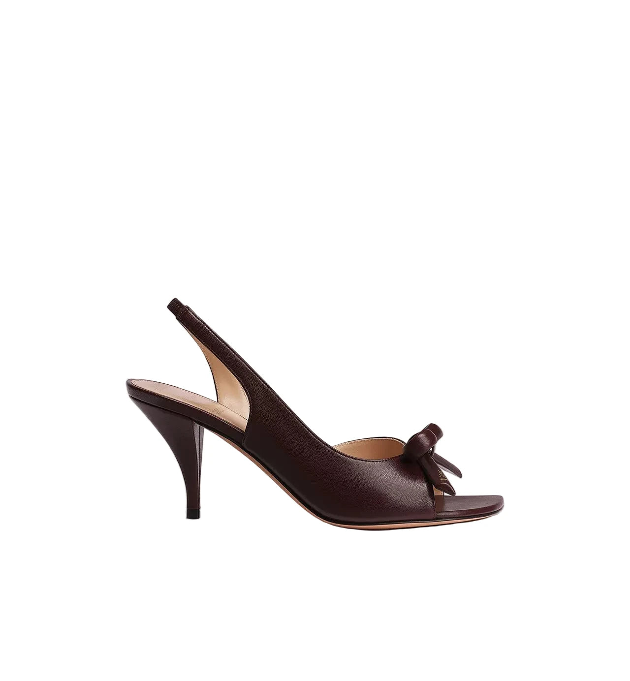 A single dark brown leather slingback high-heeled sandal with a small bow detail on the toe strap, shown in profile against a light gray background.