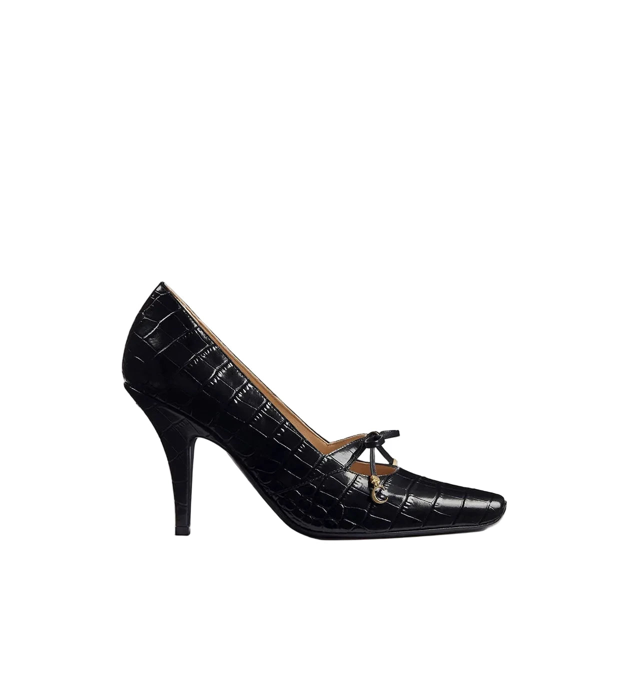 Black crocodile-patterned high-heeled shoe on a light gray background
