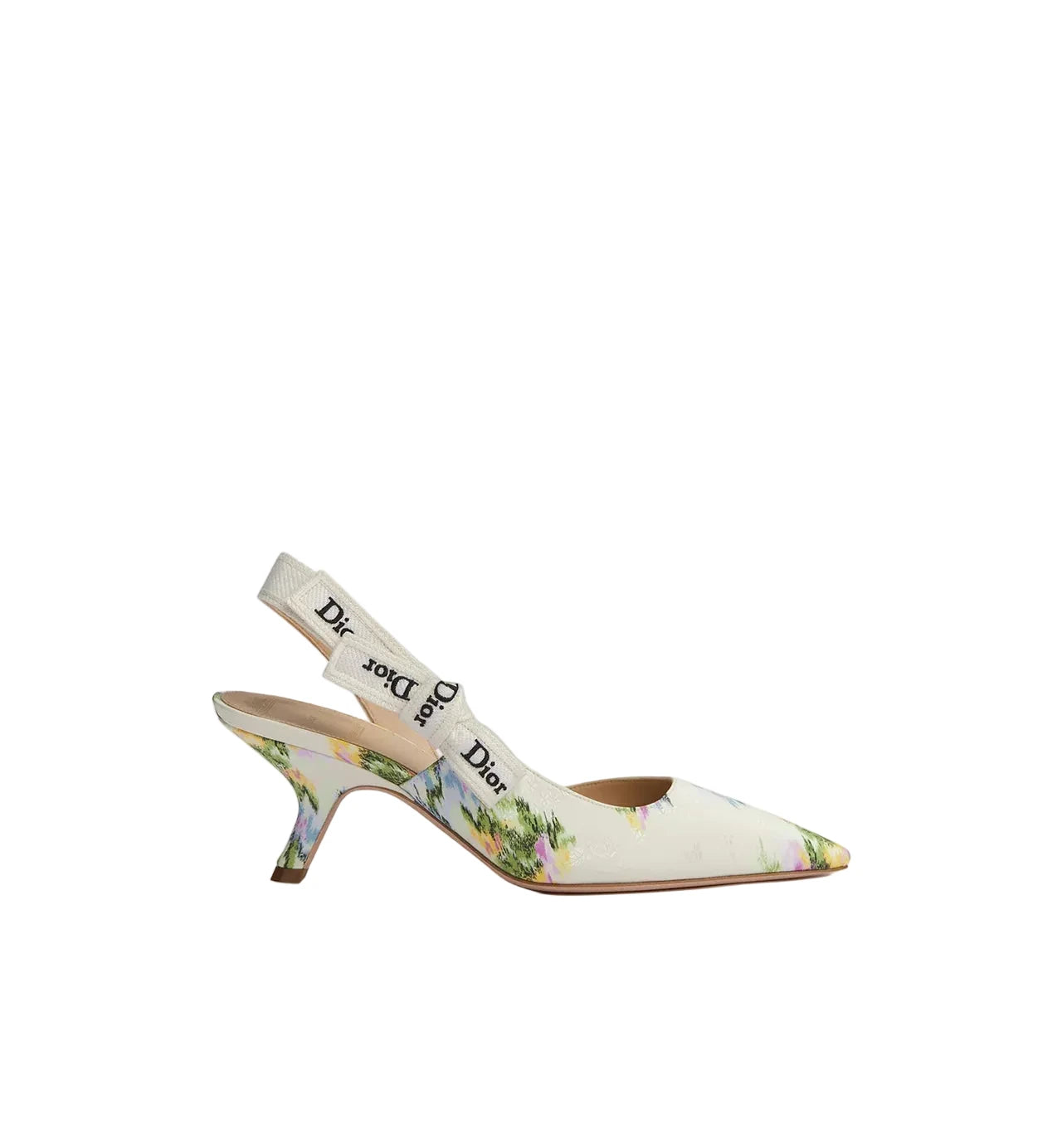 Floral high-heeled shoe with Dior branding on a white background
