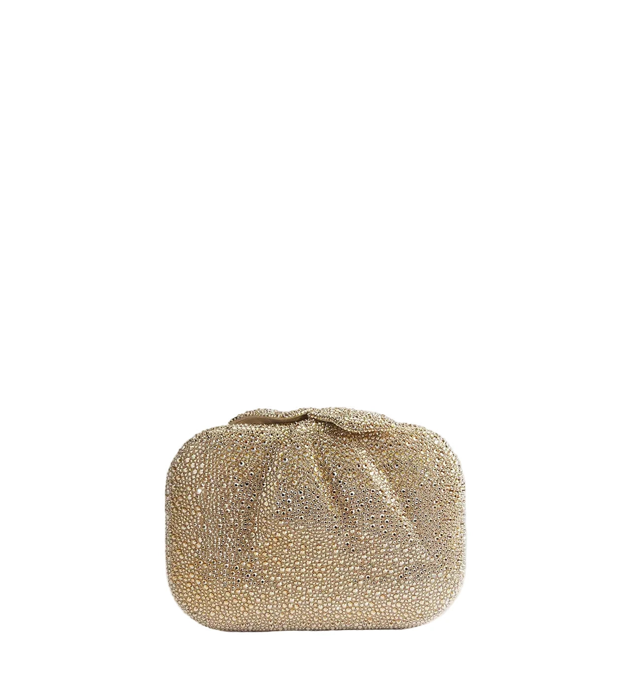 Gold beaded clutch bag on a light gray background