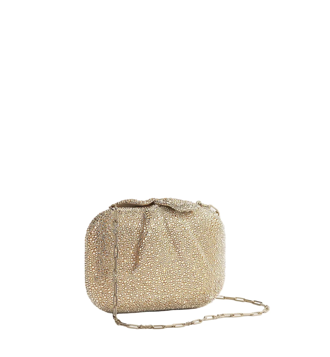 Gold beaded handbag on a light gray background