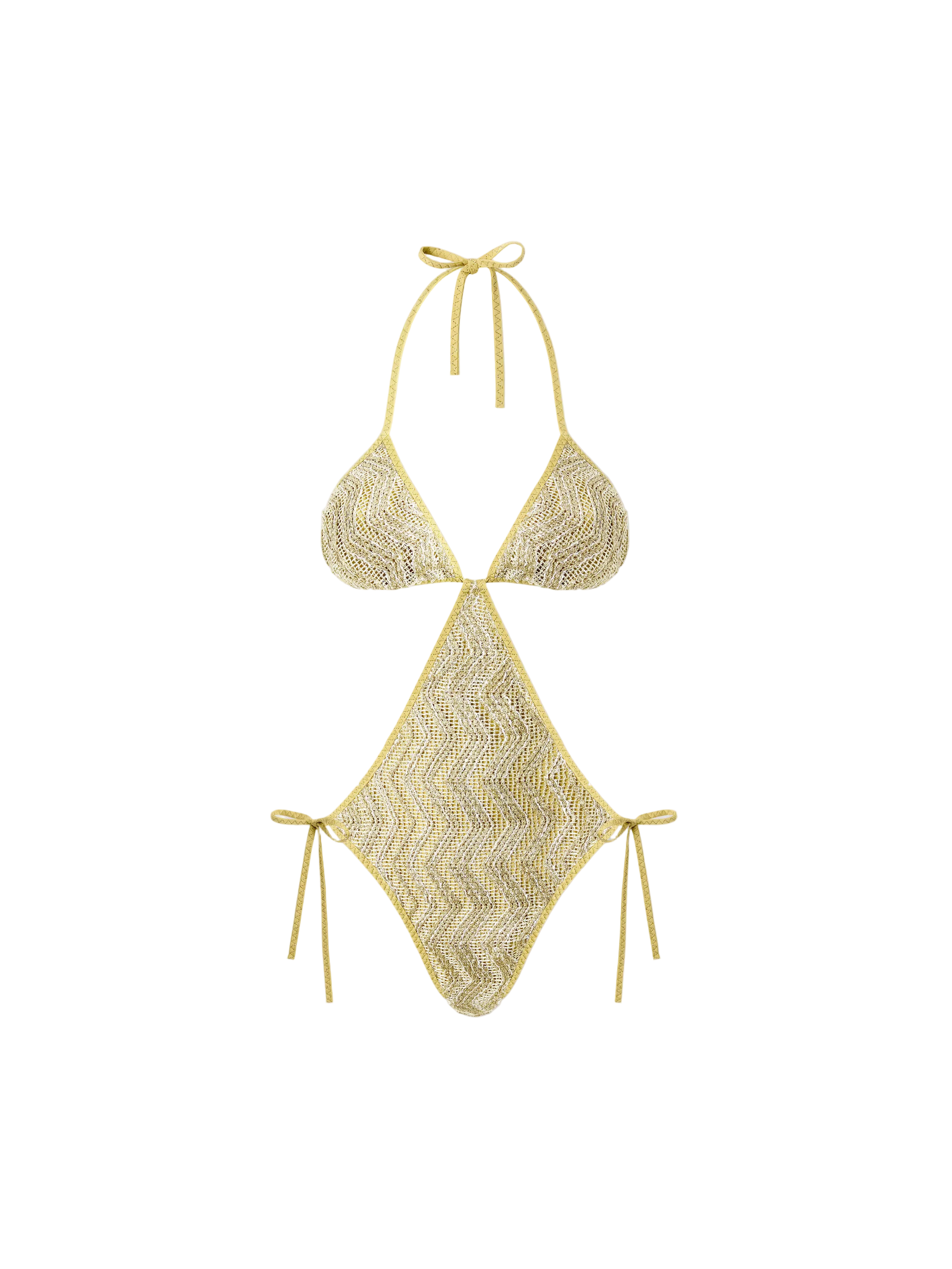 Gold bikini set on a light gray background