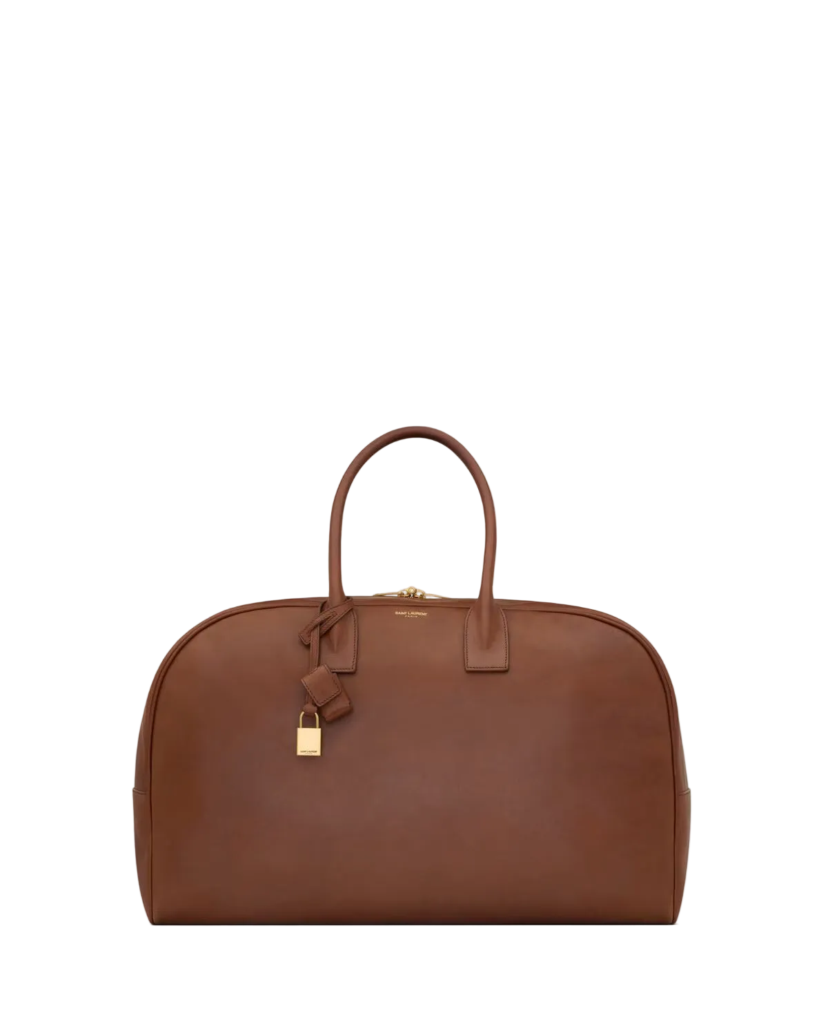 Brown leather handbag with a gold lock on a white background