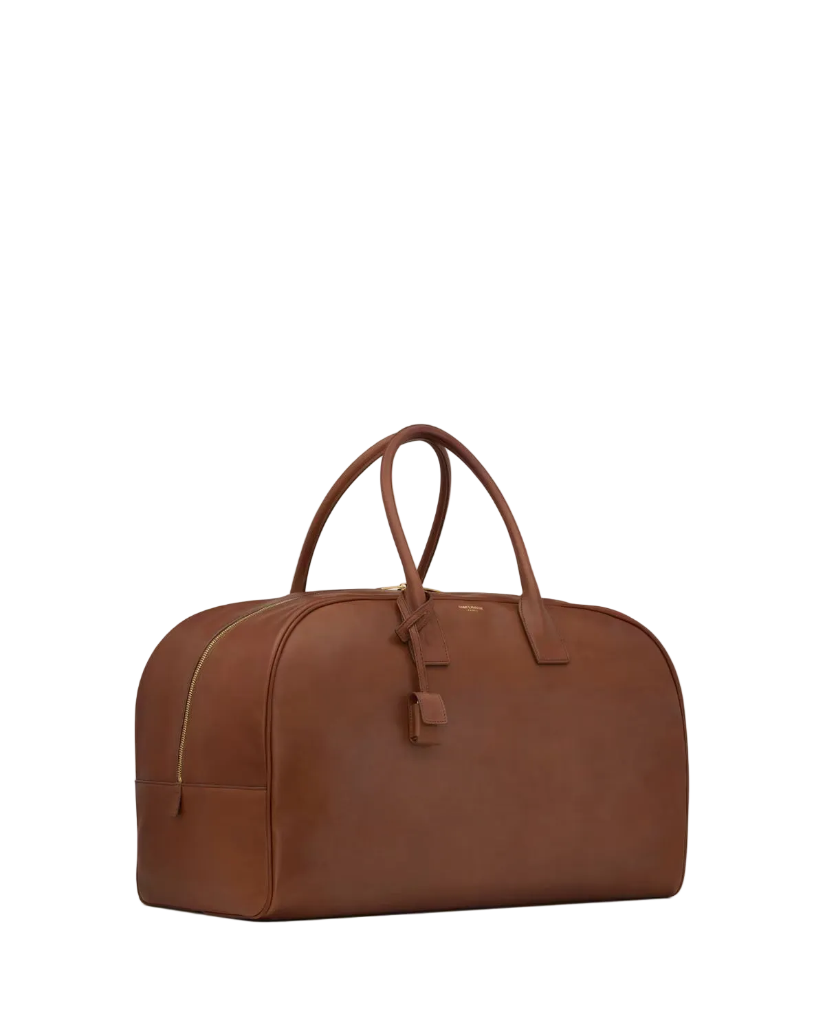 Brown leather duffel bag on a light gray background