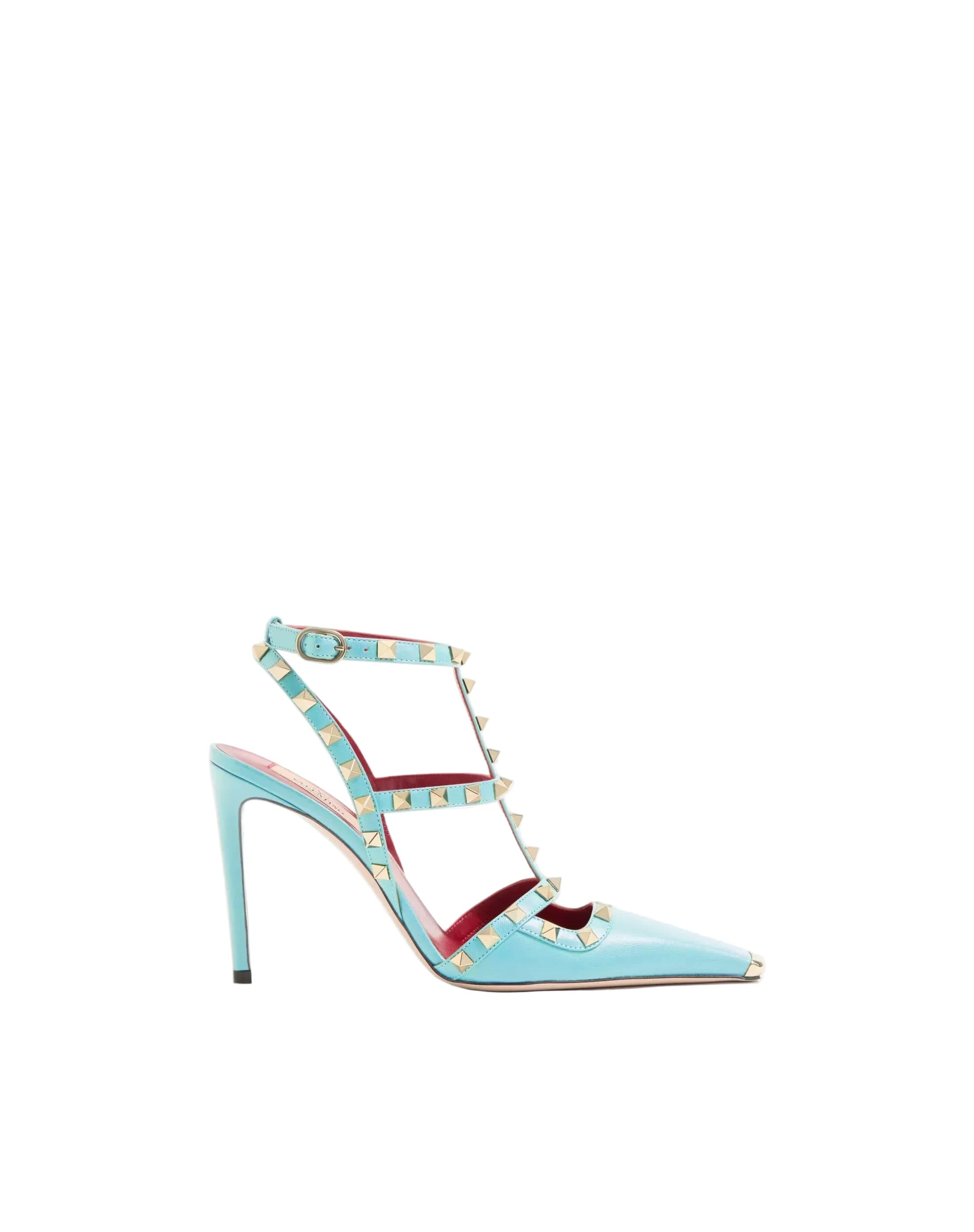 Light blue high-heeled shoe with gold accents on a white background
