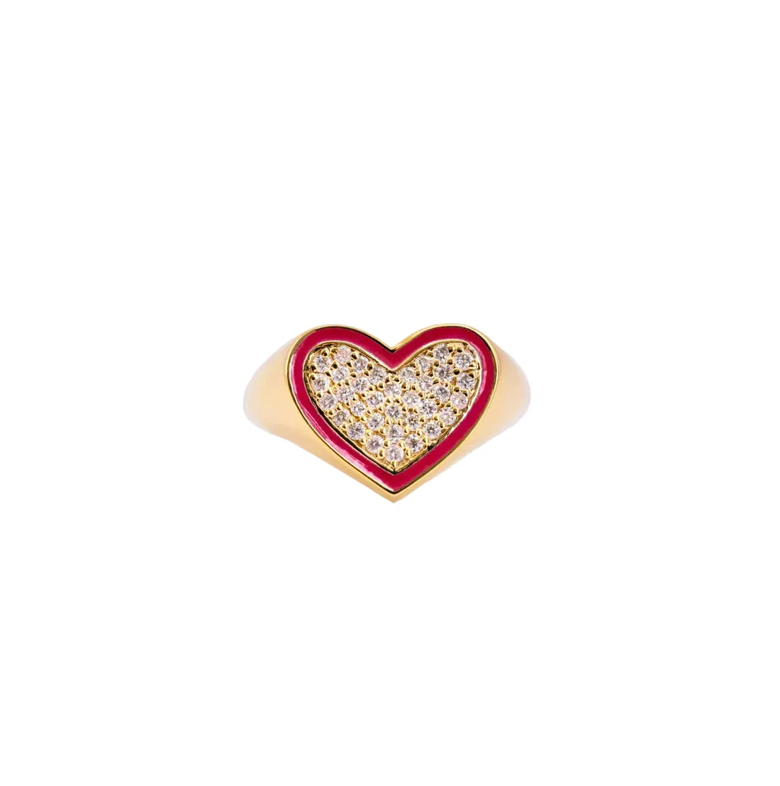 Heart-shaped ring with red and gold accents on a white background