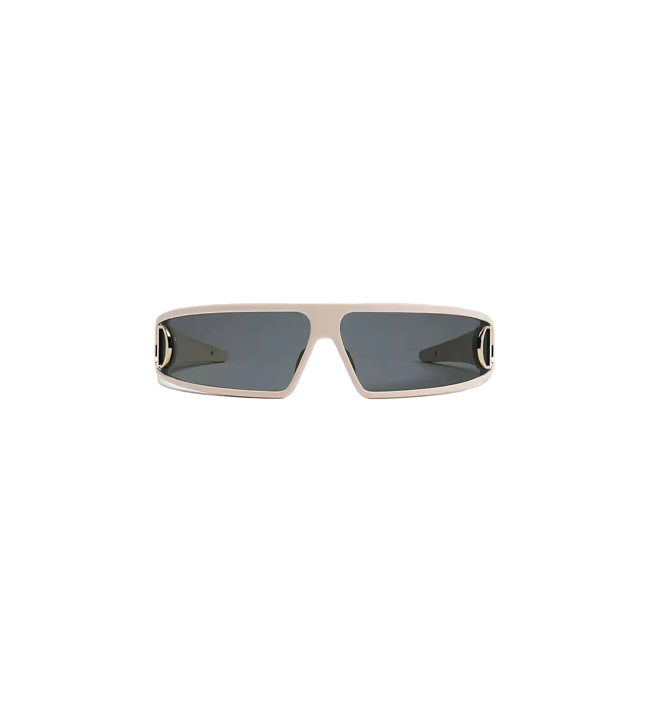 A pair of square shield-style sunglasses with a matte light beige frame and dark gray lenses, shown against a light gray background.