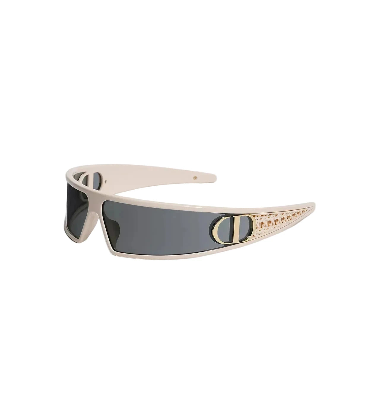 A pair of wraparound sunglasses with a light beige frame, dark gray lenses, and gold-tone hardware, displayed on a clean light gray background.