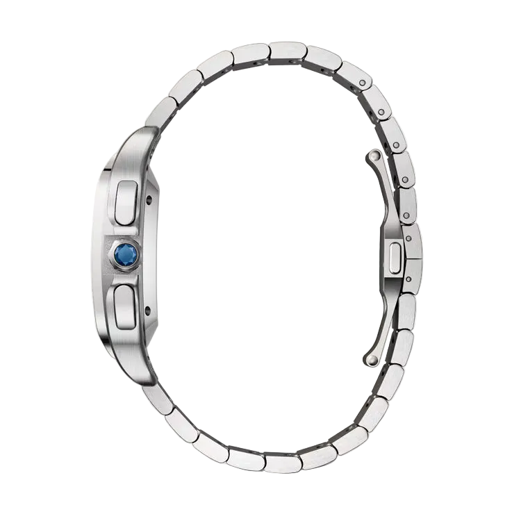 Silver bracelet with a blue gemstone on a light gray background