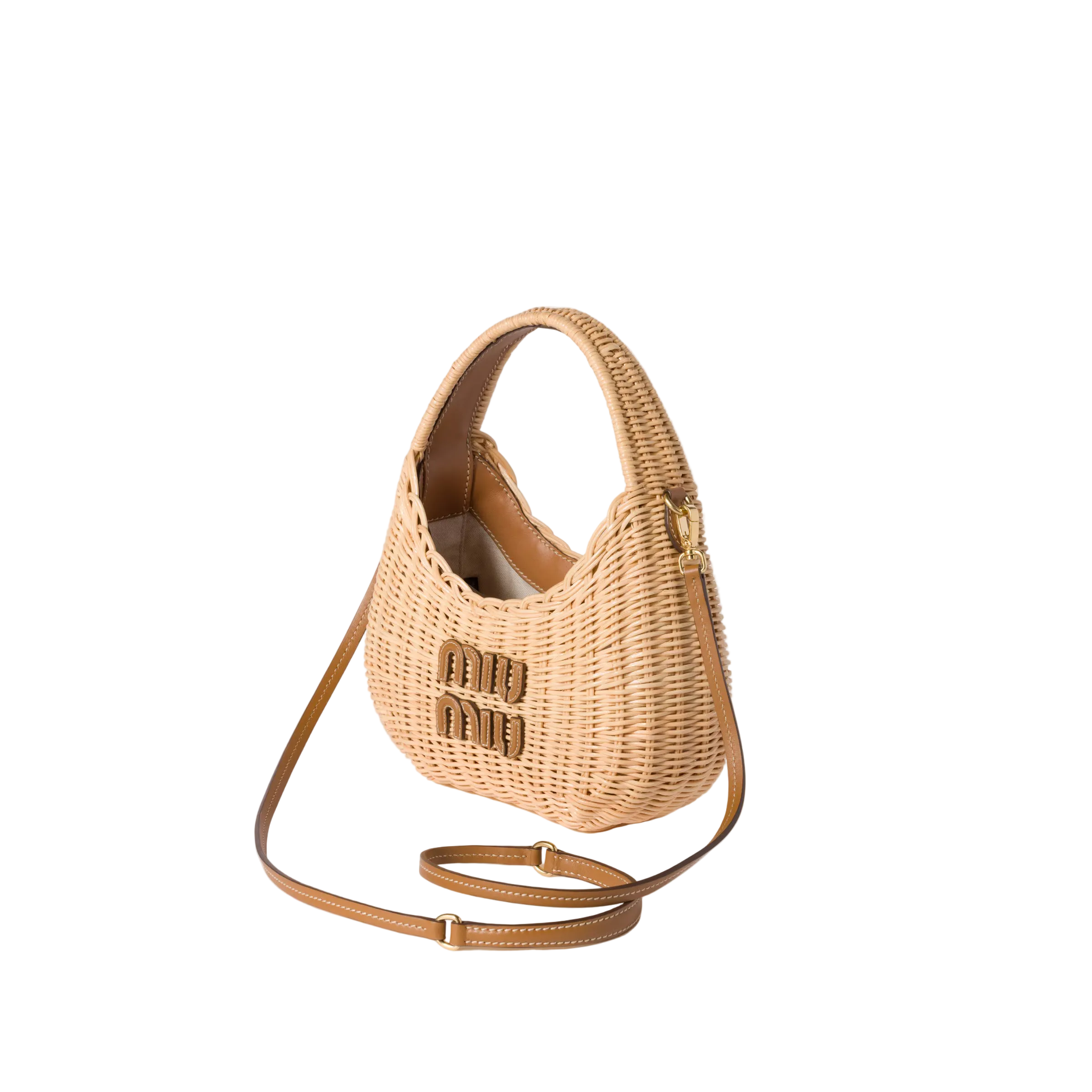 Woven handbag with a strap on a light background