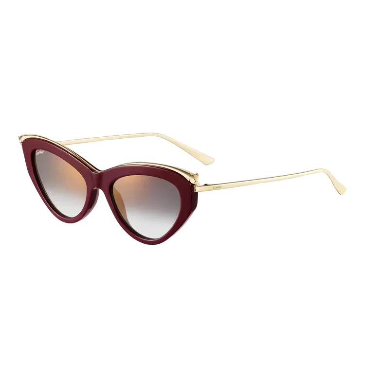 Cat-eye sunglasses with gold frame and maroon gradient lenses on a light gray background