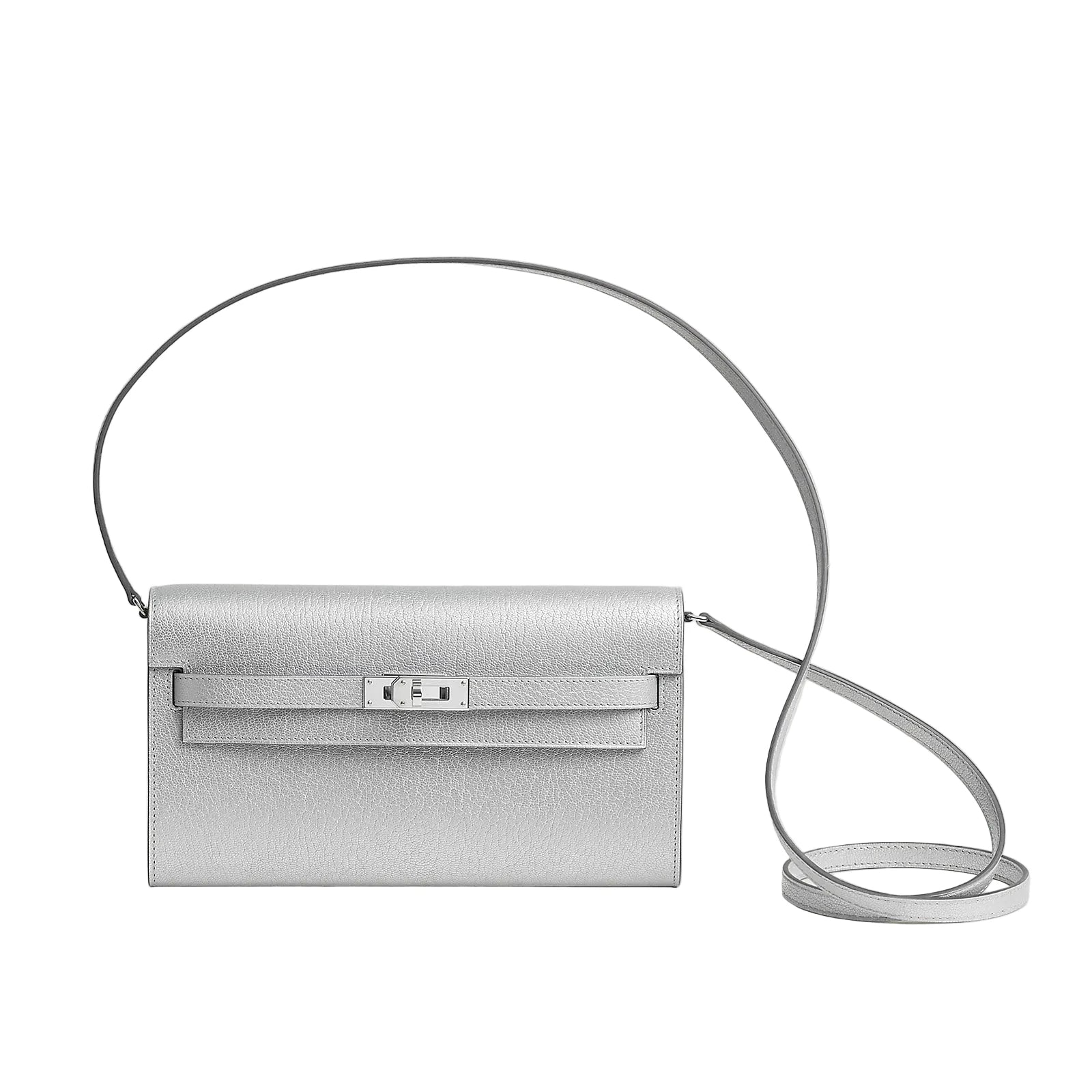 Silver handbag with a strap on a light gray background