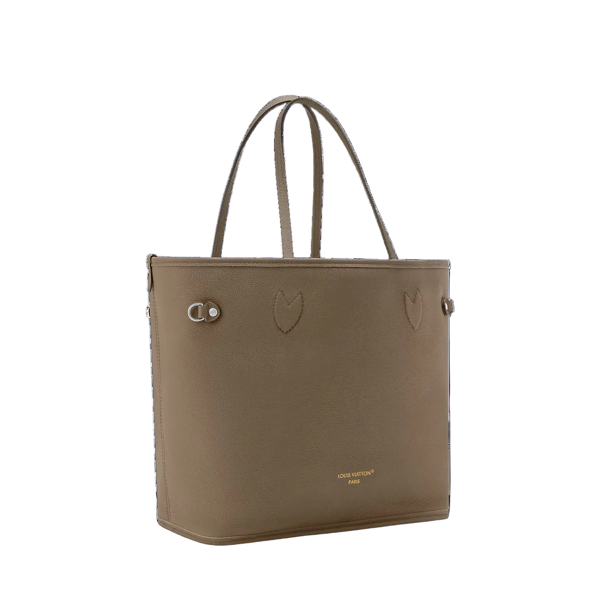 A taupe brown leather tote bag by Louis Vuitton Paris, featuring two top handles, a structured rectangular shape, and a small gold logo on the bottom right corner, set against a plain white background.