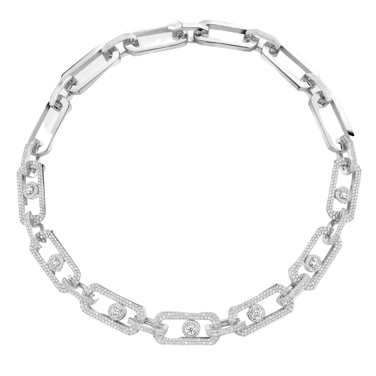 Silver chain necklace with diamond accents on a white background