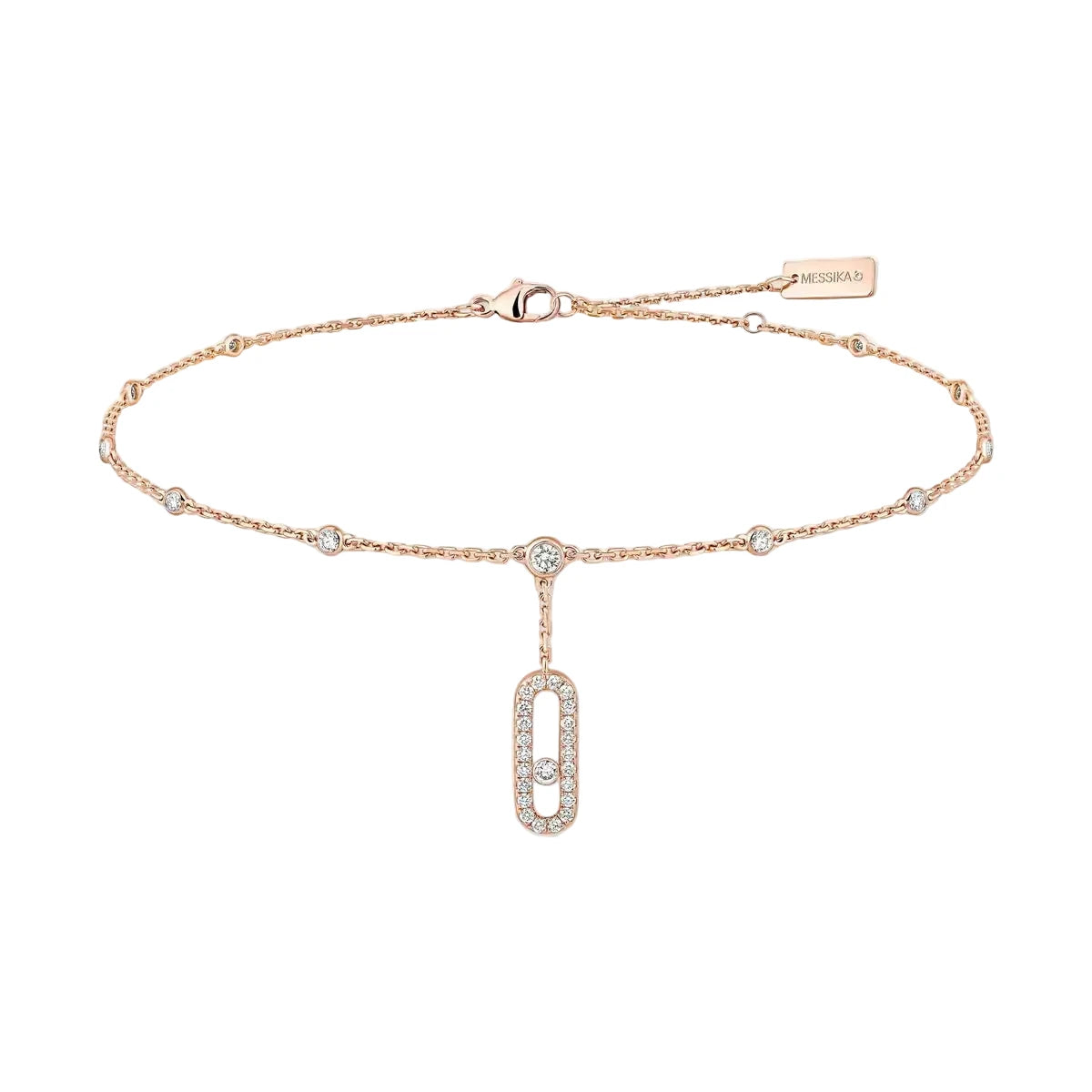 Rose gold bracelet with diamond accents on a white background