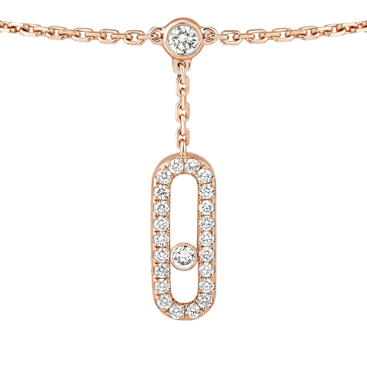 Rose gold necklace with diamond pendants on a white background