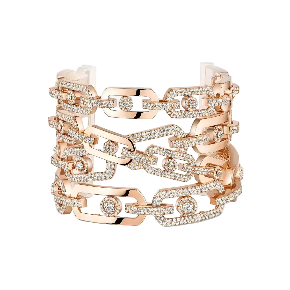 Rose gold bracelet with diamond accents on a white background