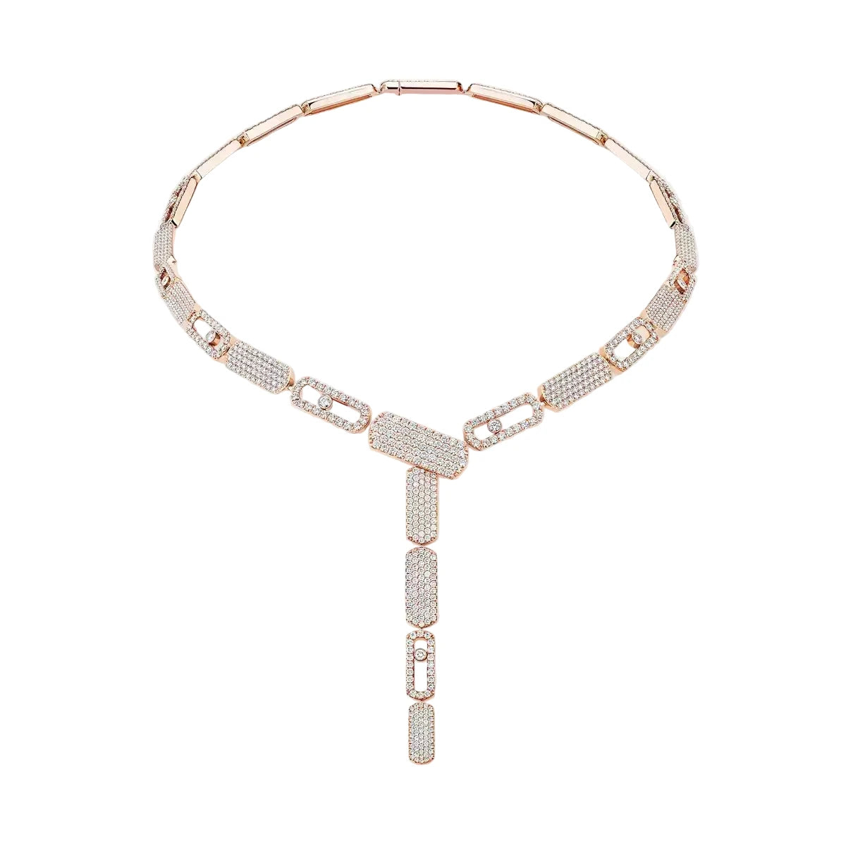 Rose gold necklace with clear gemstones on a white background