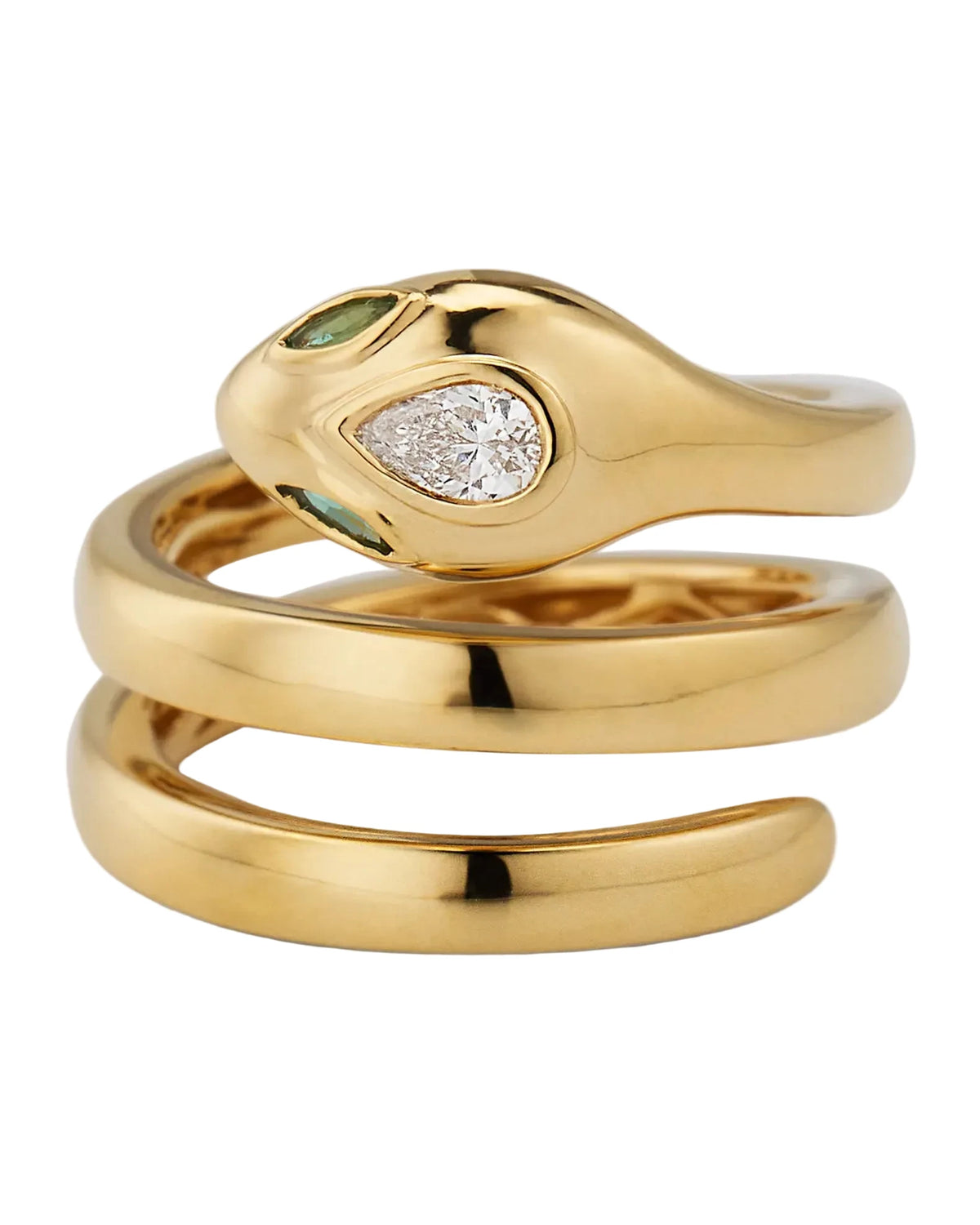 Gold snake-shaped ring with a diamond on a light gray background