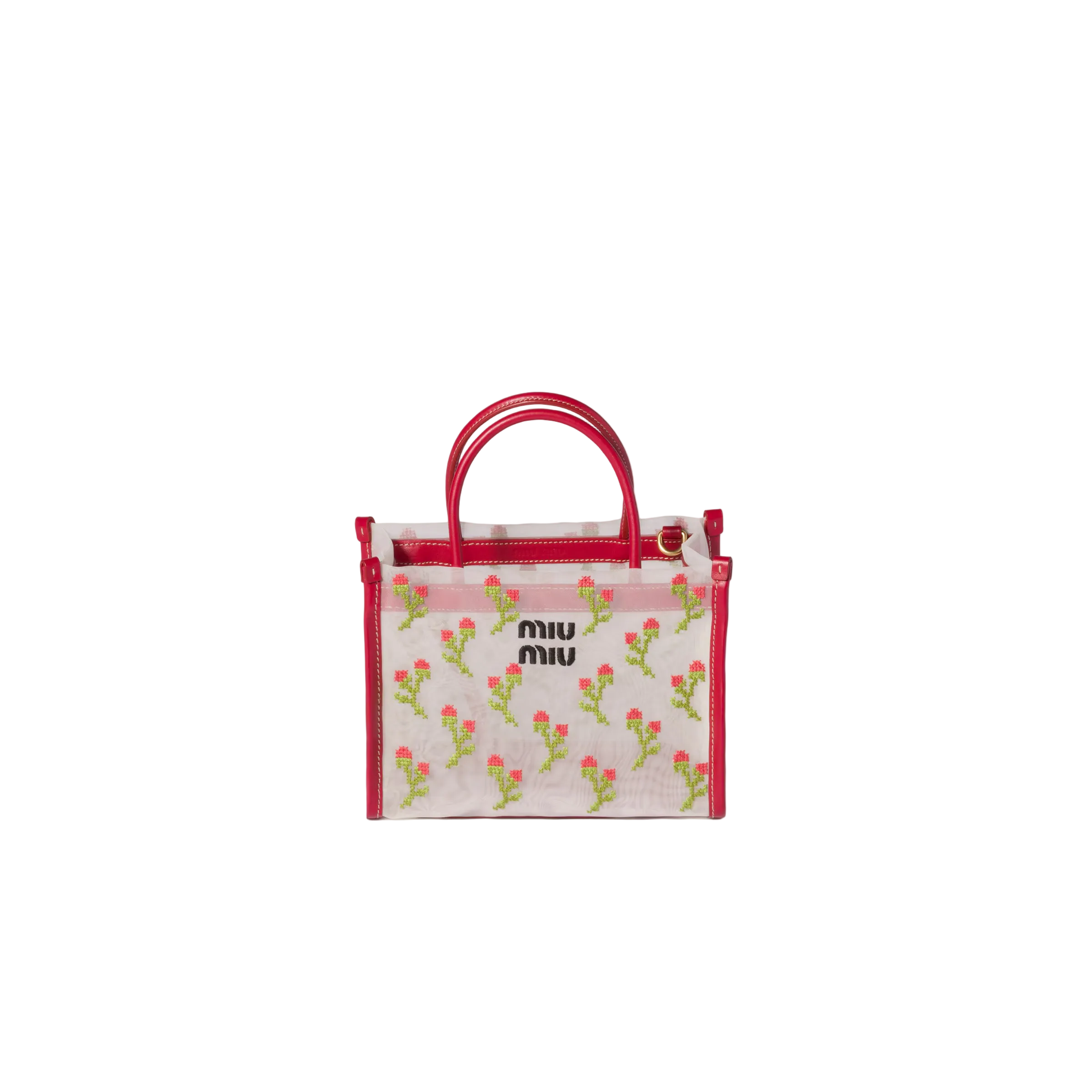Small handbag with floral design and 'miu miu' branding on a beige background