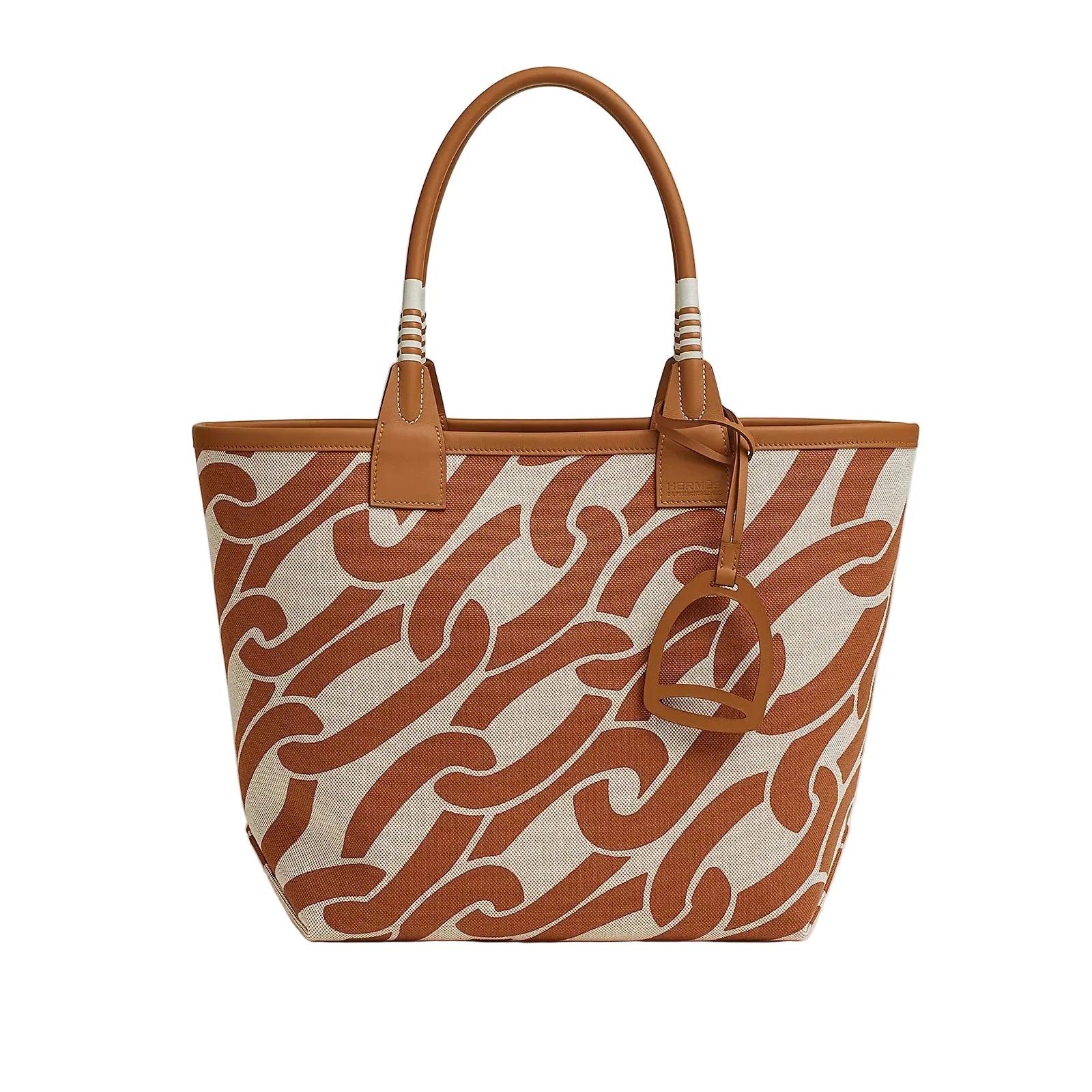 Tote bag with brown and beige pattern on a light background