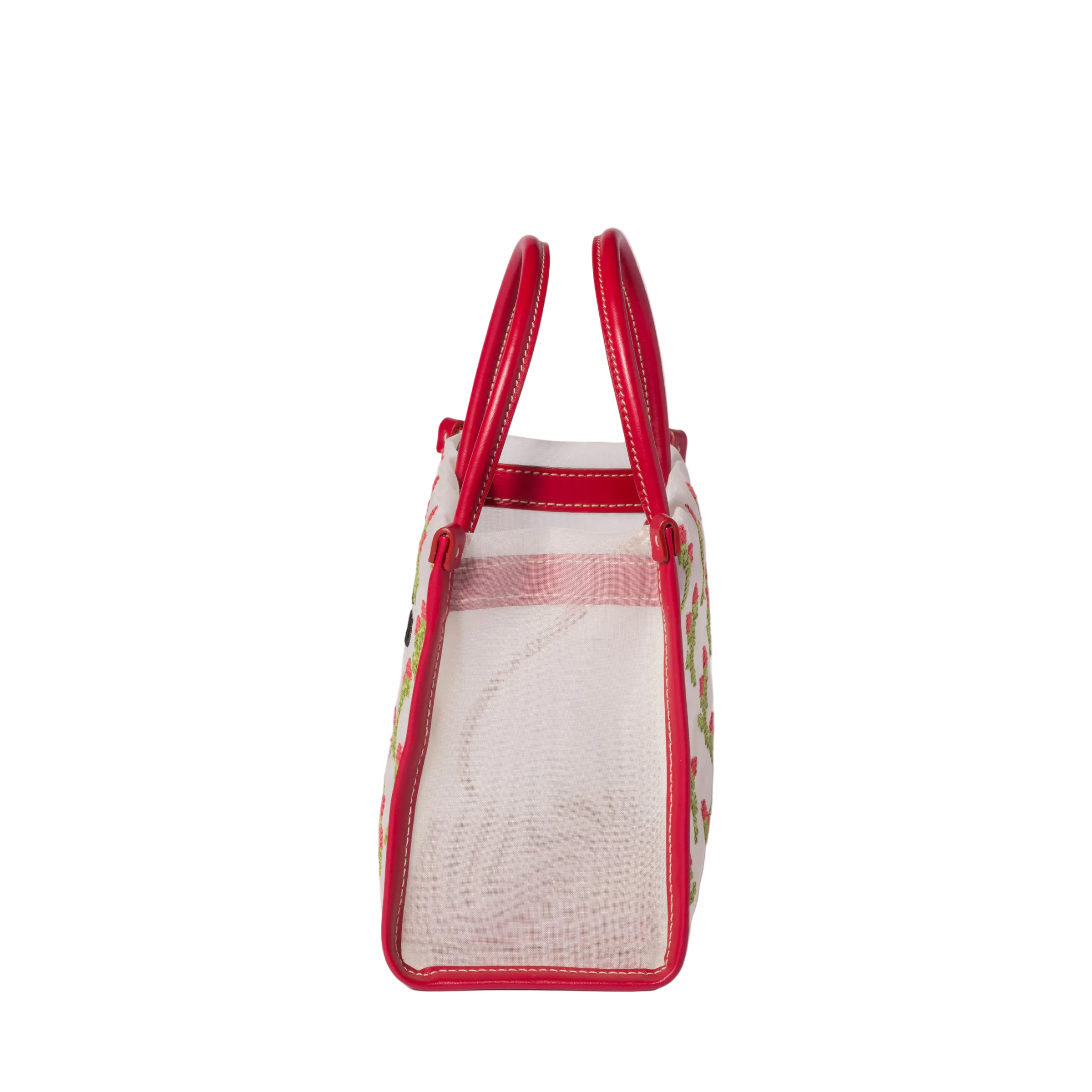 Small transparent bag with red handles on a beige background