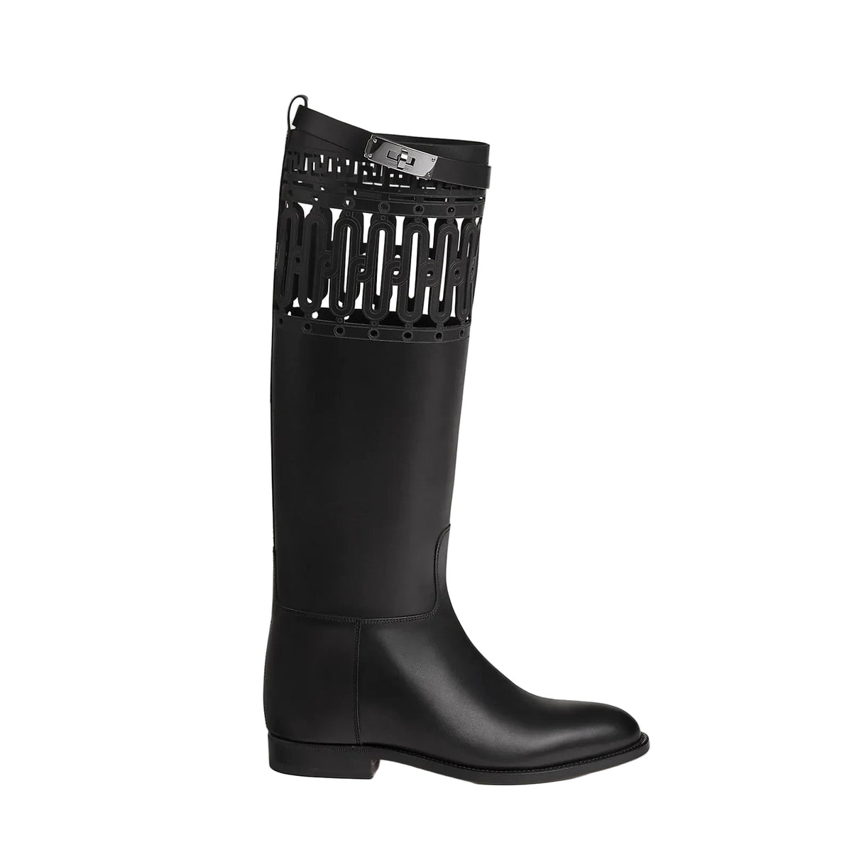 A black leather knee-high riding boot with a decorative cutout pattern around the upper shaft, shown in profile against a light beige background.
