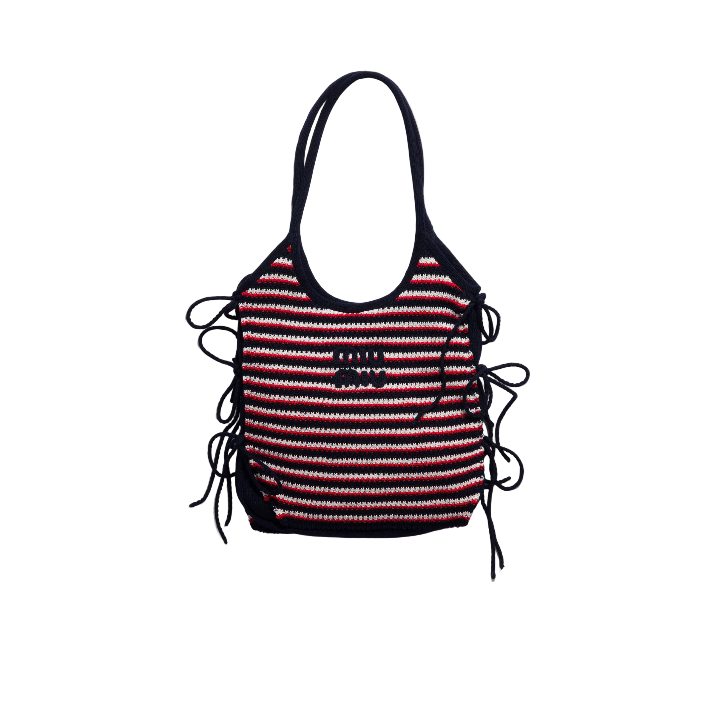 Striped handbag with black, red, and white pattern on a beige background
