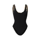 Black swimsuit with floral trim on a white background