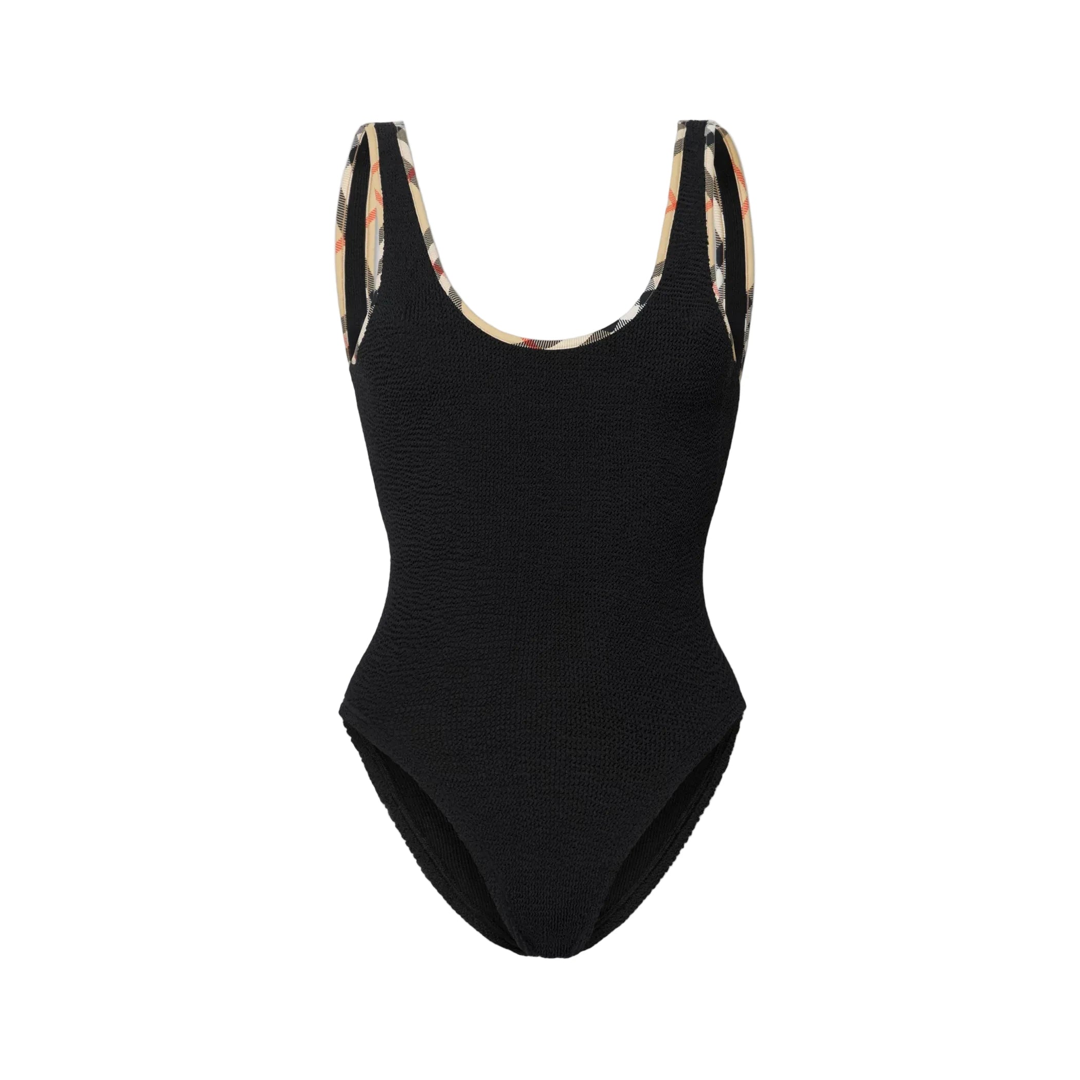Black swimsuit with floral trim on a white background