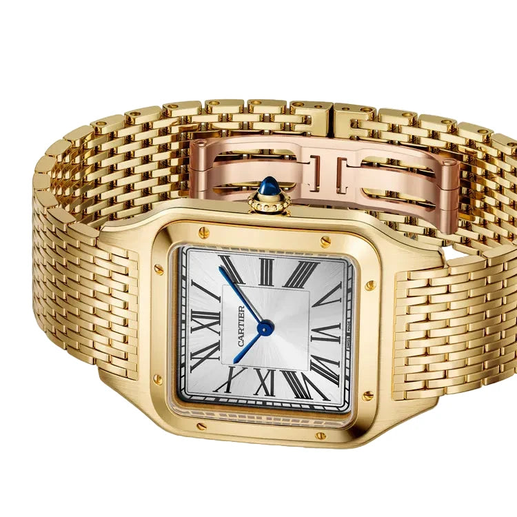 A Cartier watch with a gold-tone metal case and integrated bracelet, featuring a silver-toned square dial with black Roman numerals and a blue hour hand.