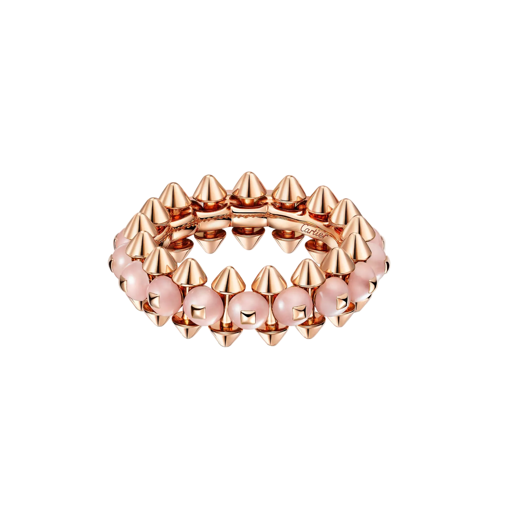 Rose gold bracelet with pink beads on a light gray background