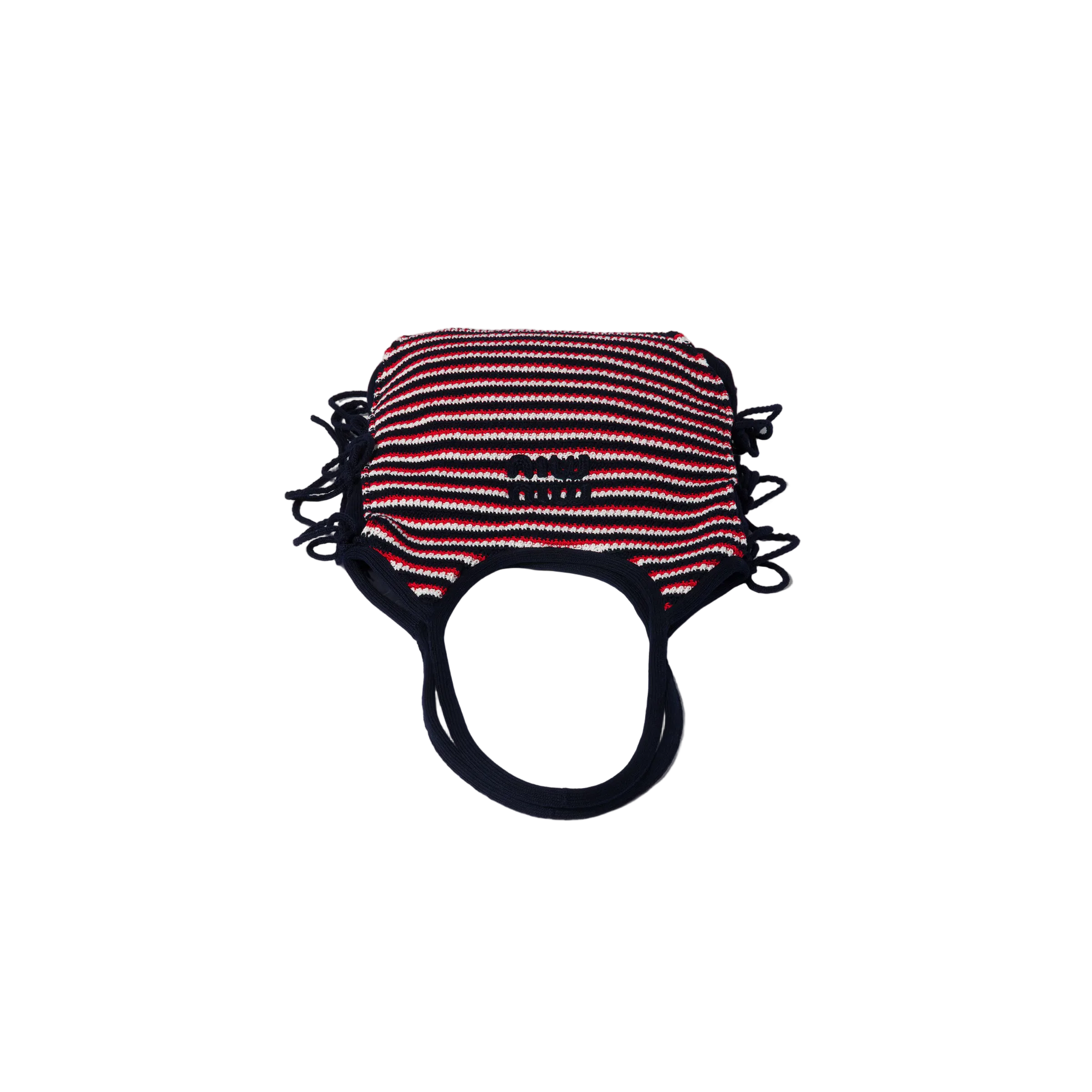 Striped face mask with black trim on a beige background