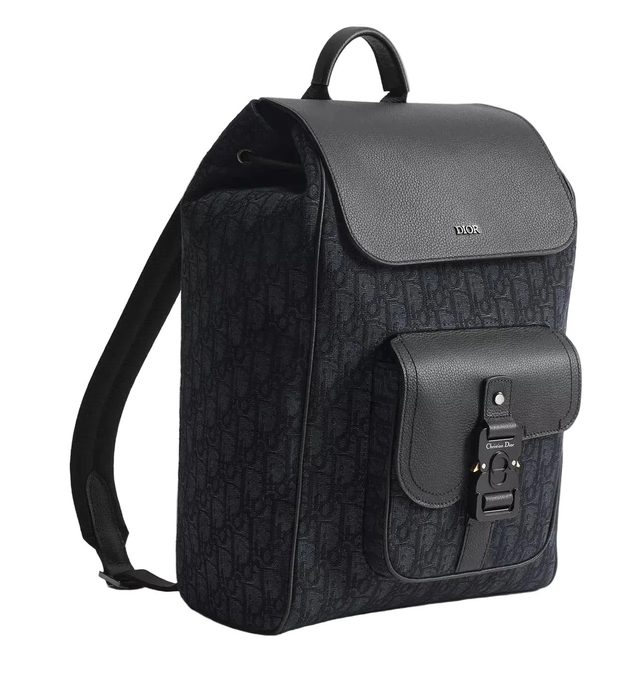Black backpack with a pattern on a light gray background