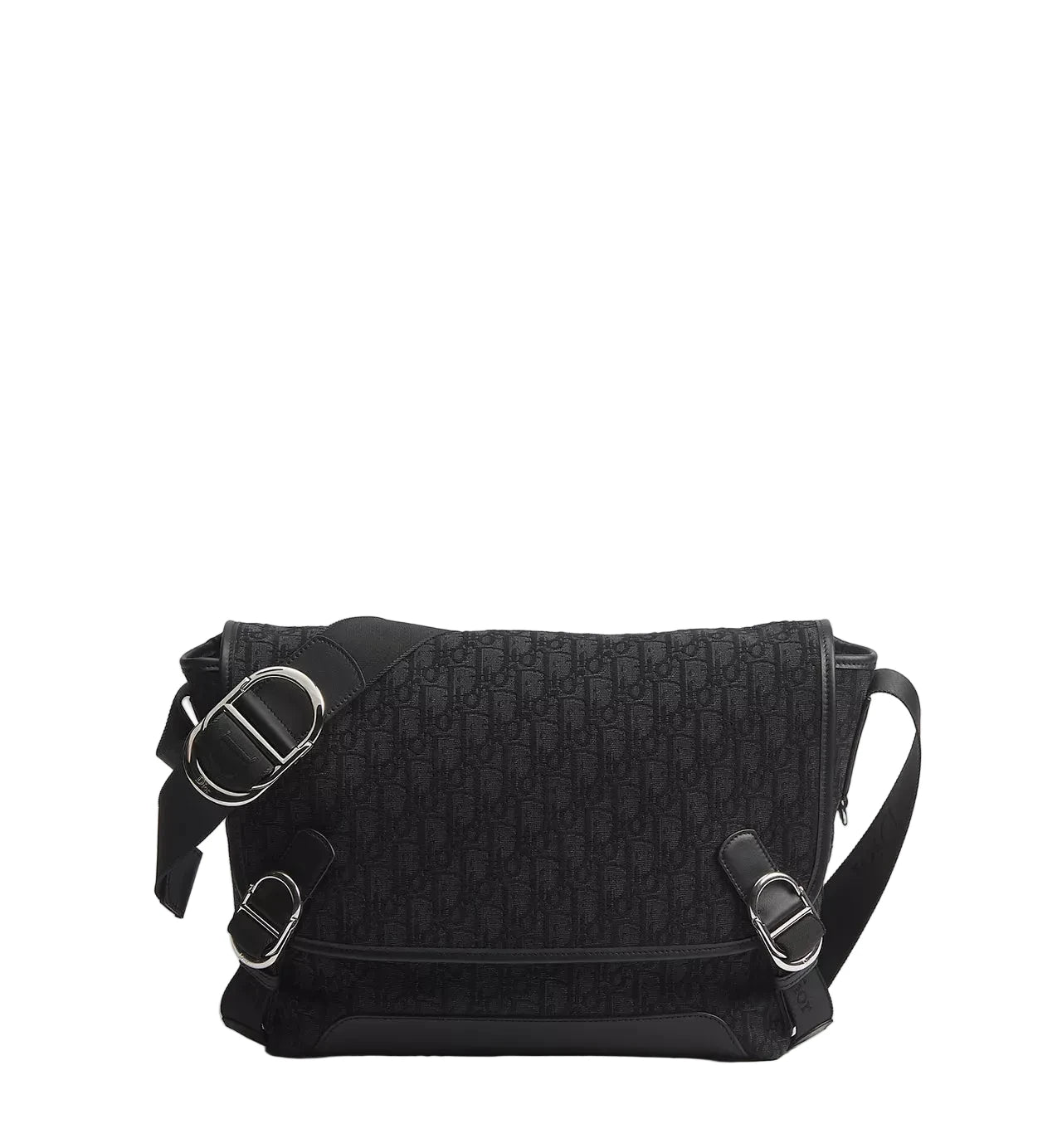 Black textured shoulder bag with silver buckles on a light gray background