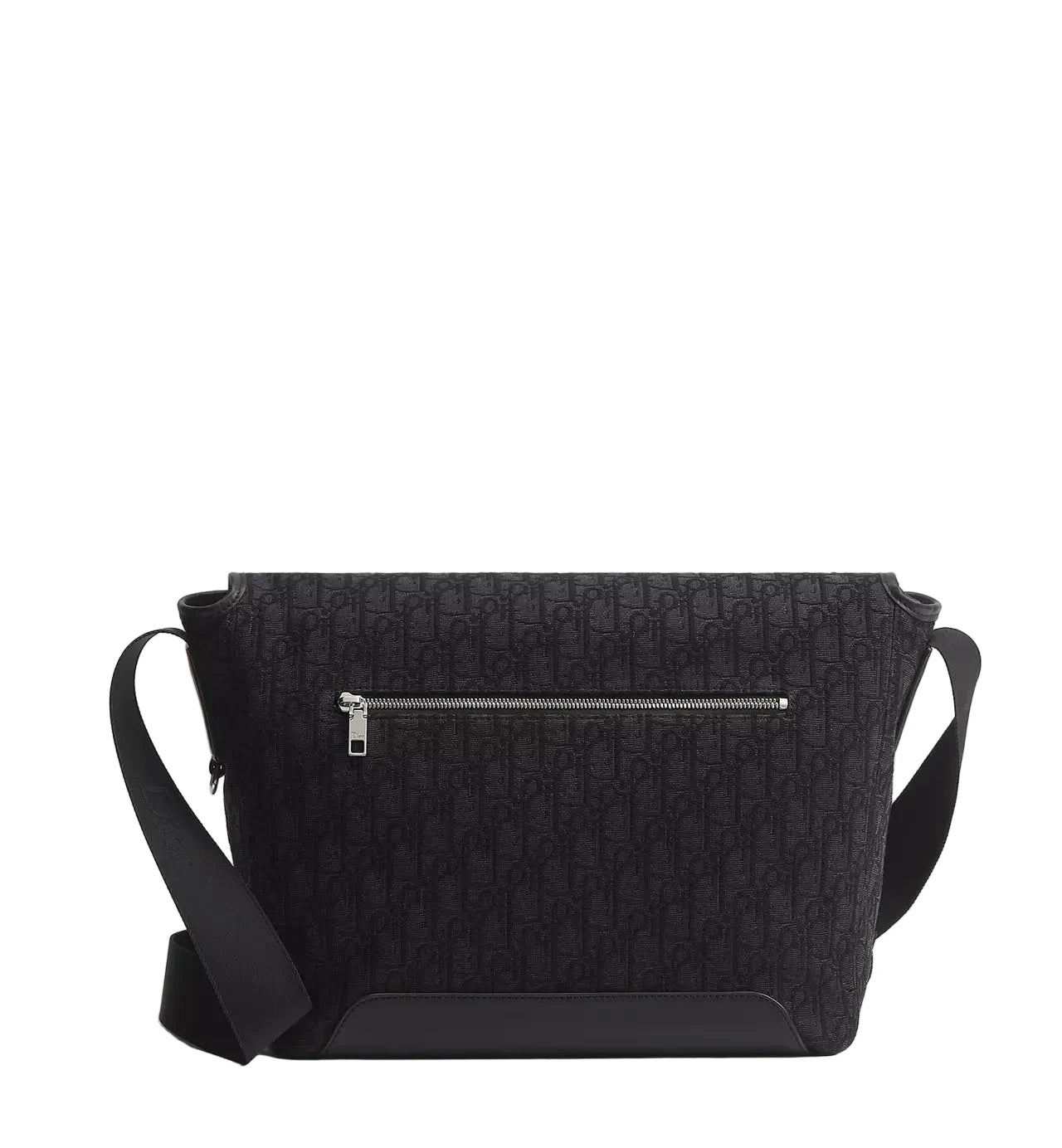 Black crossbody bag with a subtle pattern on a light gray background