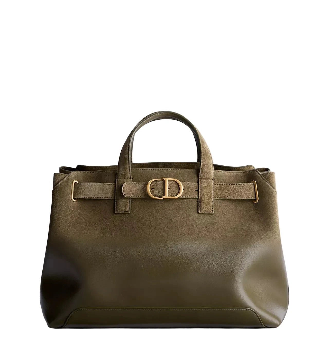 An olive green leather tote bag with a top handle, a front belt detail, and a gold-tone 'CD' logo clasp, photographed on a light gray background.
