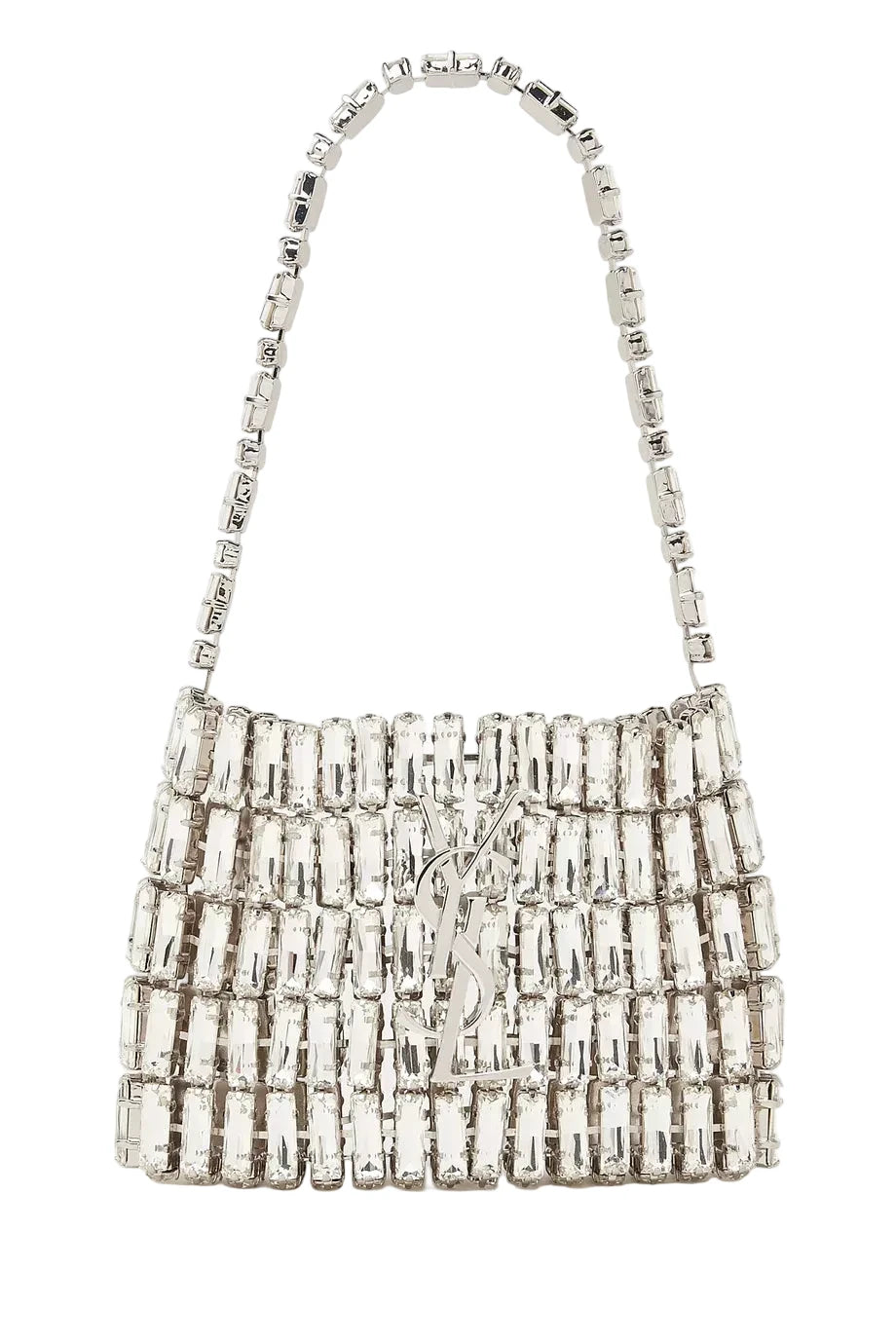 Silver beaded handbag on a white background