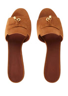 Pair of brown sandals with gold buckles on a white background