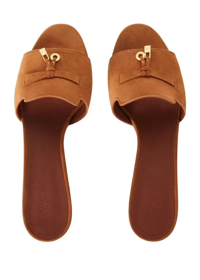 Pair of brown sandals with gold buckles on a white background
