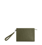 An olive green embossed leather wristlet clutch with a matching wrist strap and a top zipper, shown on a light gray background.