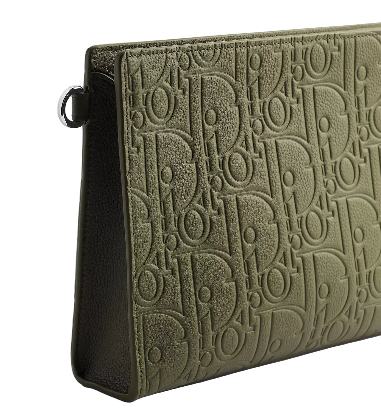An olive green leather clutch bag featuring an all-over embossed Dior Oblique monogram pattern, shown at a three-quarter angle on a light gray background.