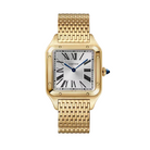 A Cartier Panthère watch in yellow gold with a silver-toned square dial, black Roman numerals, and a matching gold-tone metal bracelet, shown against a plain off-white background.