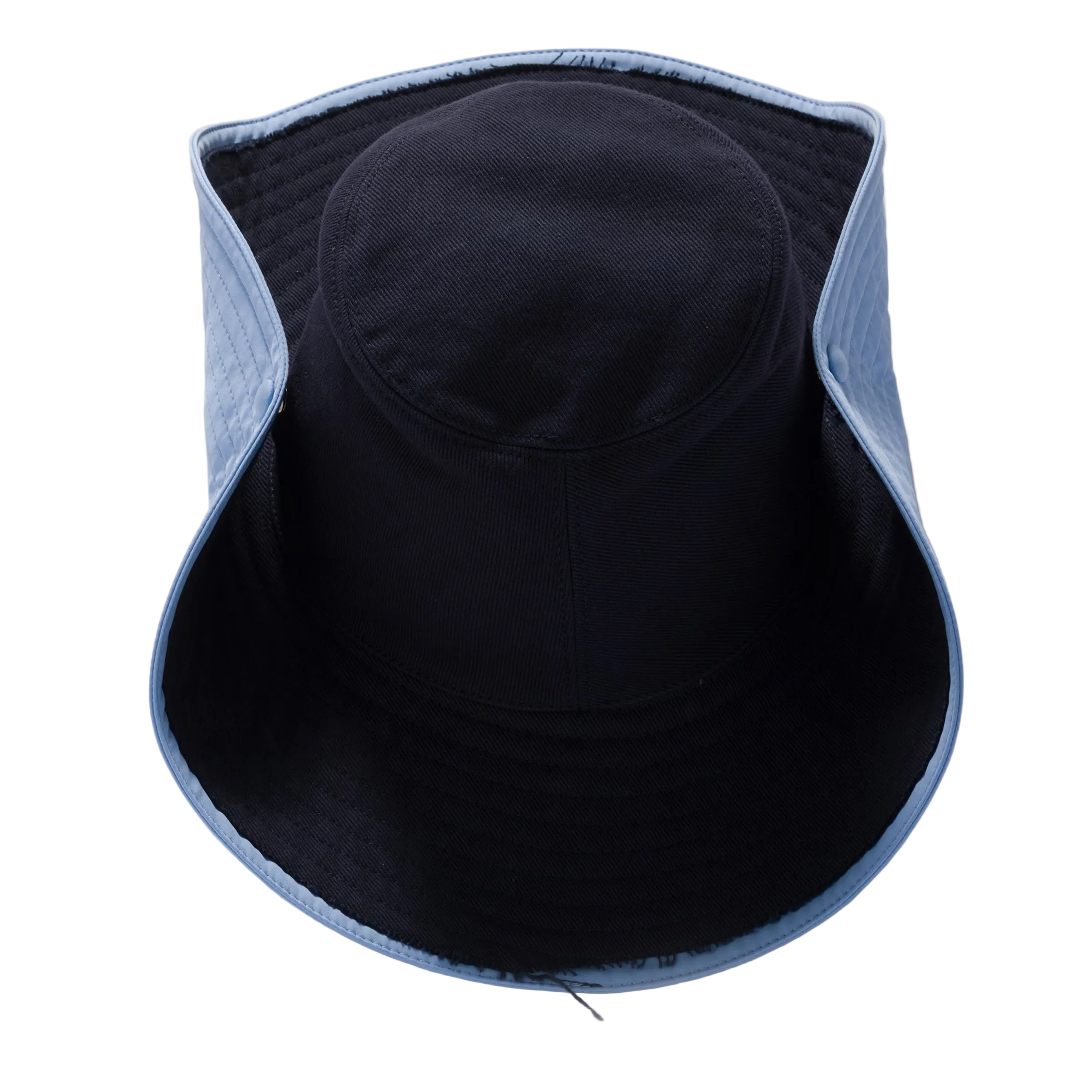Black bucket hat with blue interior lining on a light gray background