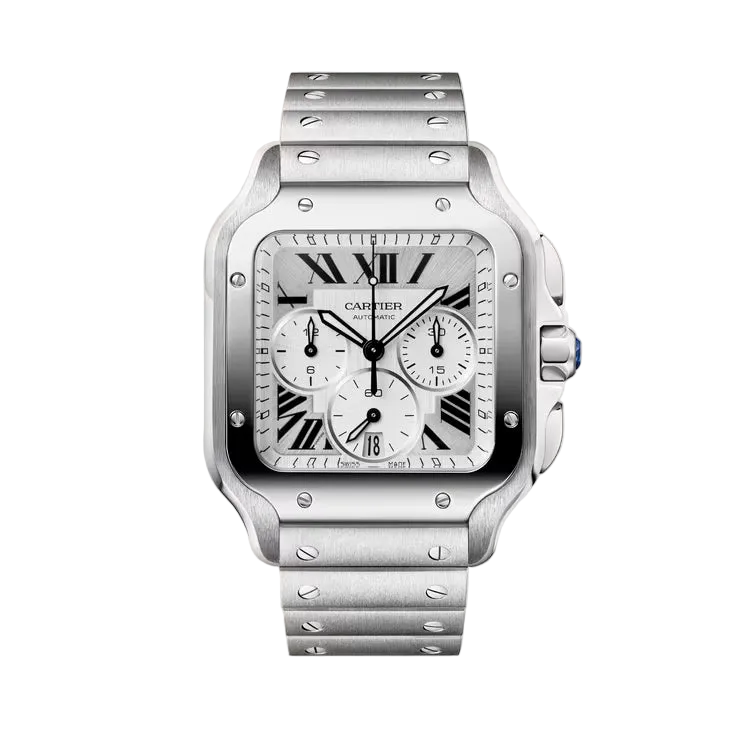 Silver Cartier watch on a light beige background